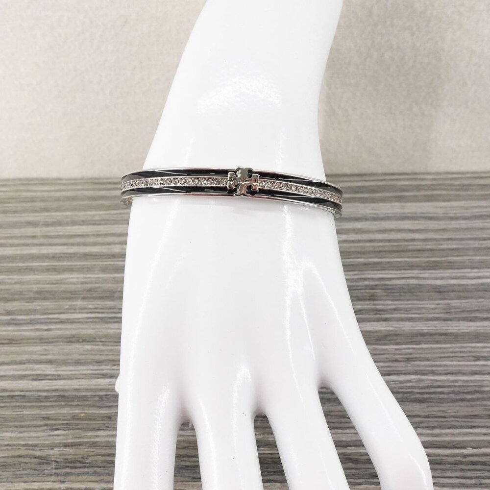 Tory Burch Kira Pave Enamel Hinge Bracelet Black/ Silver OS - Picture 6 of 14